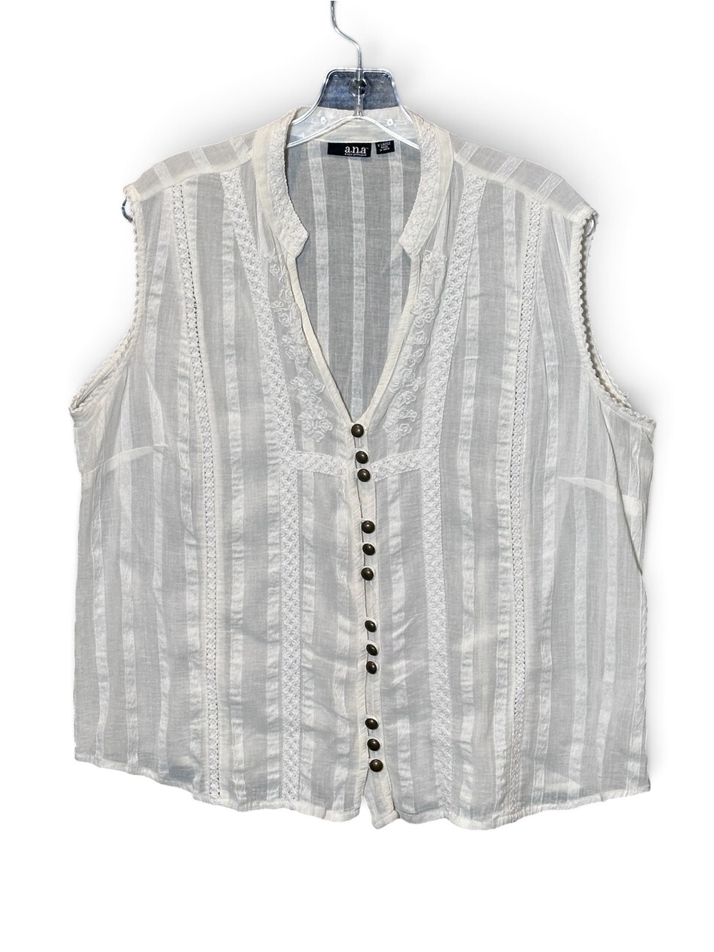A.N.A. Womens XL White Sleeveless Button Front Blouse Sheer Textured Boho Top